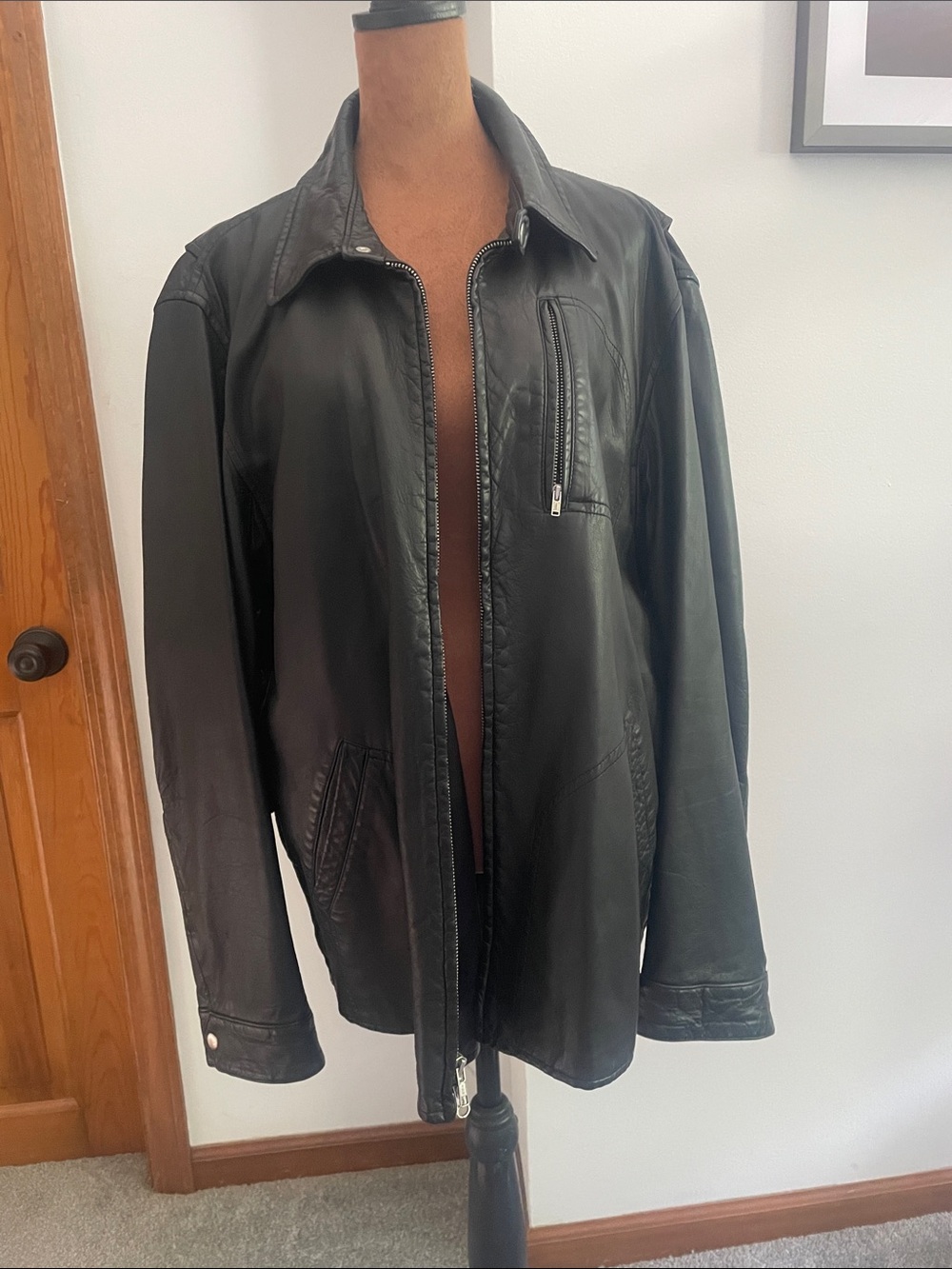 Robert Talbott Black Leather Zip-Front Bomber Jacket